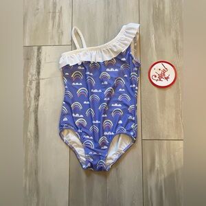NWT Funtasia Too Indigo Purple One-Piece Rainbow Ruffled Swimsuit, girls size 5